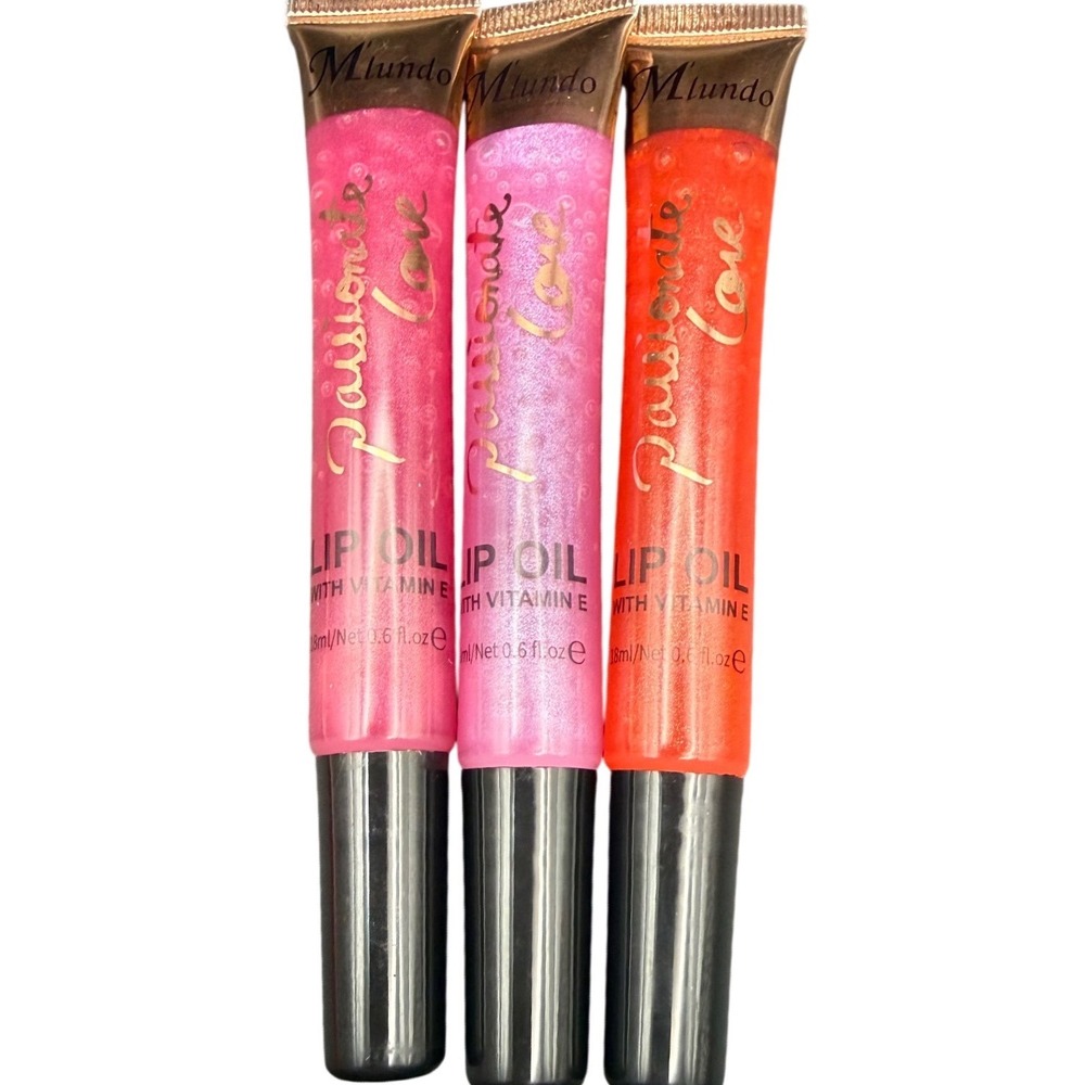 Mundo Passionate Love Lip Oil Set 3pc Vitamin E Ultra Shiny Gloss Pink Red 18ml